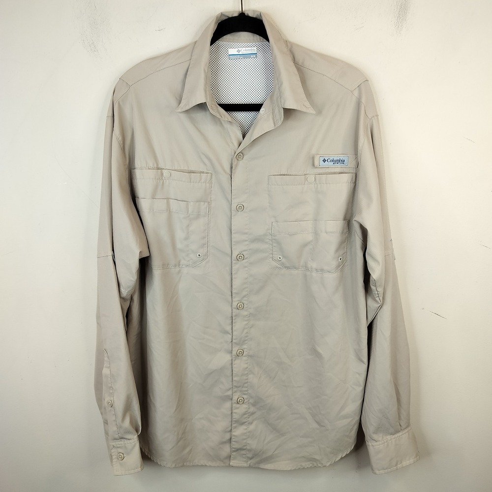 Columbia PFG Fishing Shirt Medium Long Sleeve Vented Omni-Shade Tan Outdoors